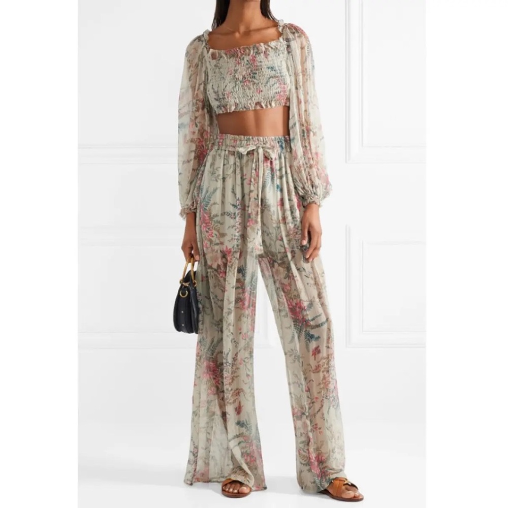 Zimmermann Bayou Shirred Floral Silk Pants & Ruffle Crop Top Blouse
